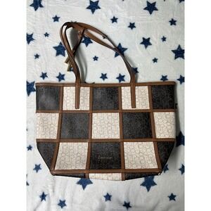 Calvin Klein Checked Logo Tote Bag Brown Beige Shoulder Purse Large